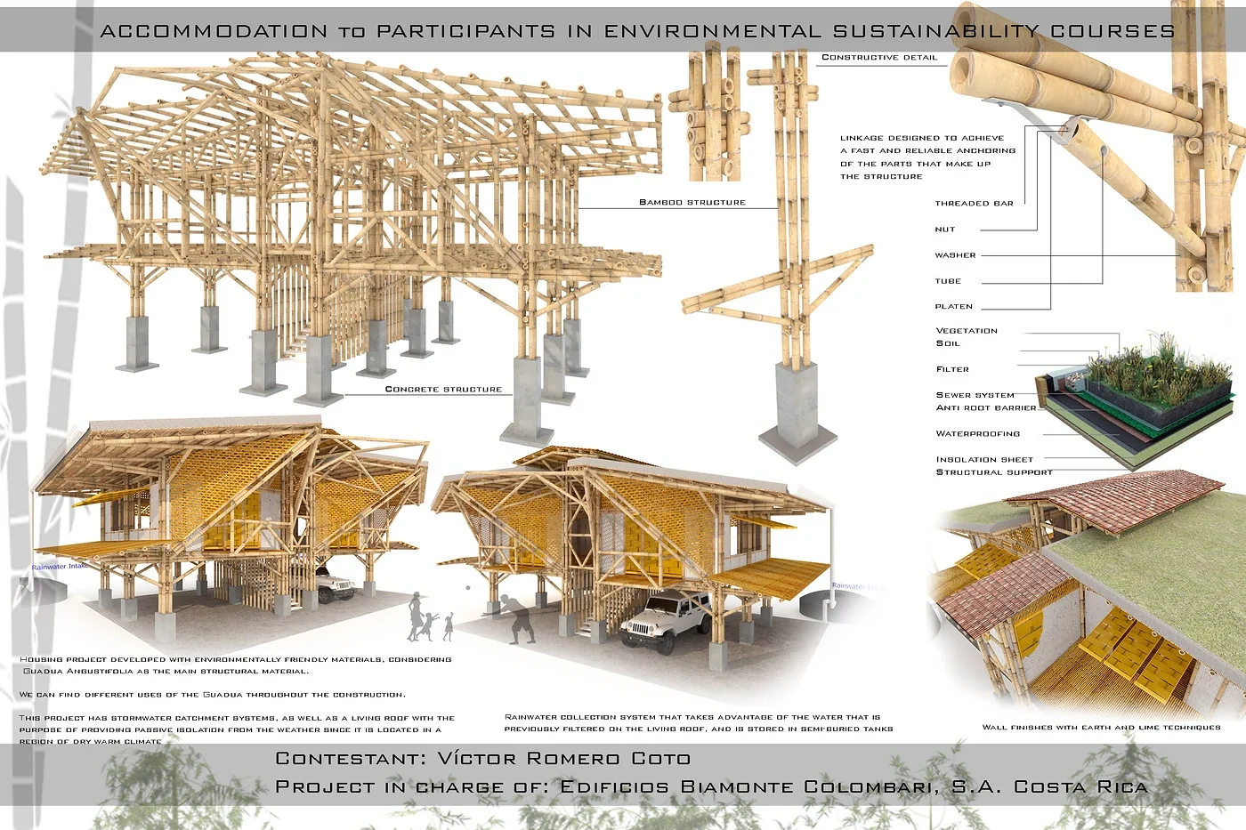 Lámina arquitectónica con perspectivas, plantas y detalles de una propuesta de vivienda en bambú y madera para Costa Rica