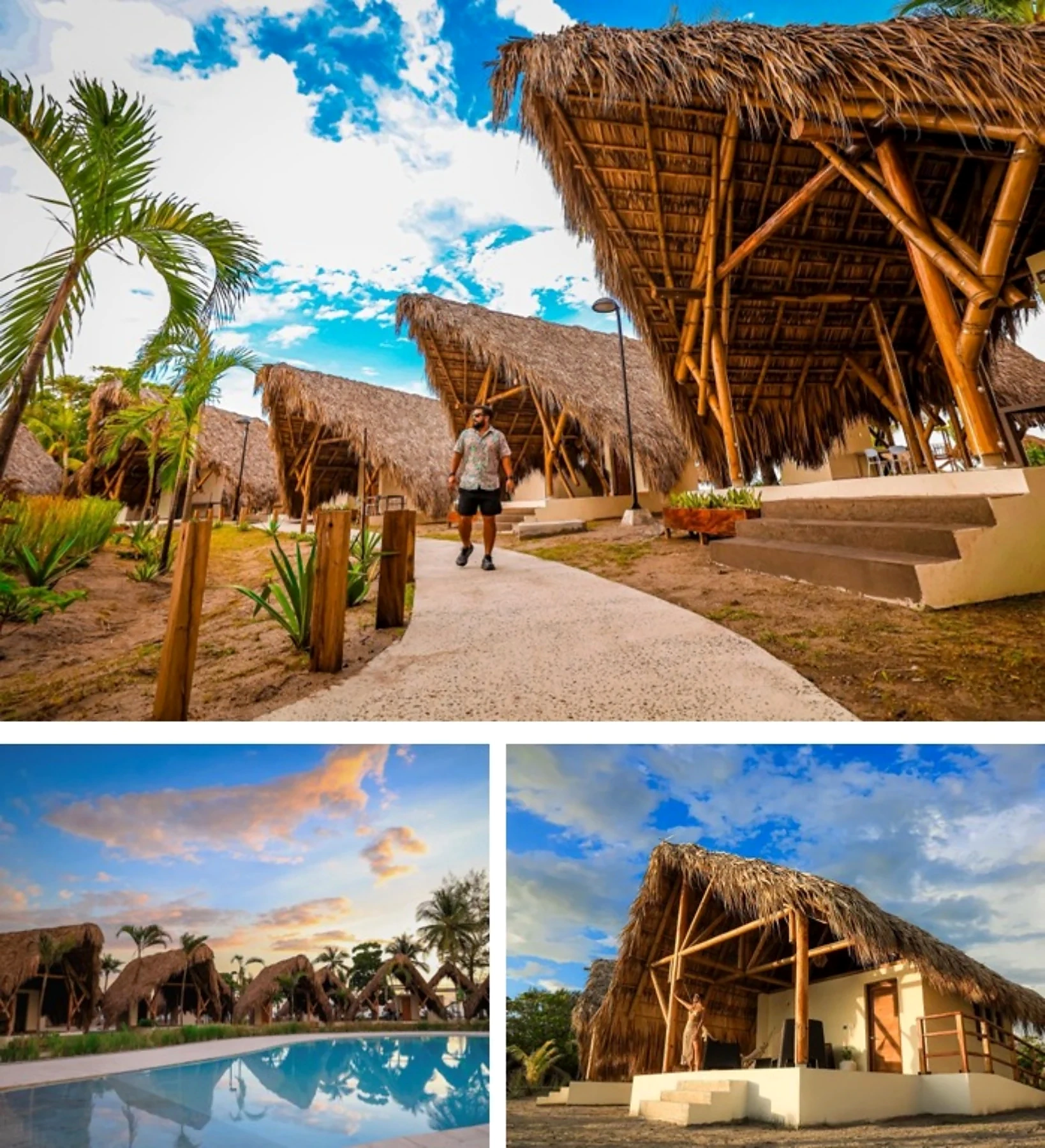 Composición de fotografías de las cubiertas de bambú del parque Costa del Sol en El Salvador