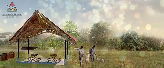 Visualización conceptual de una cubierta de bambú para el área de asadores de Campestre Valsequillo