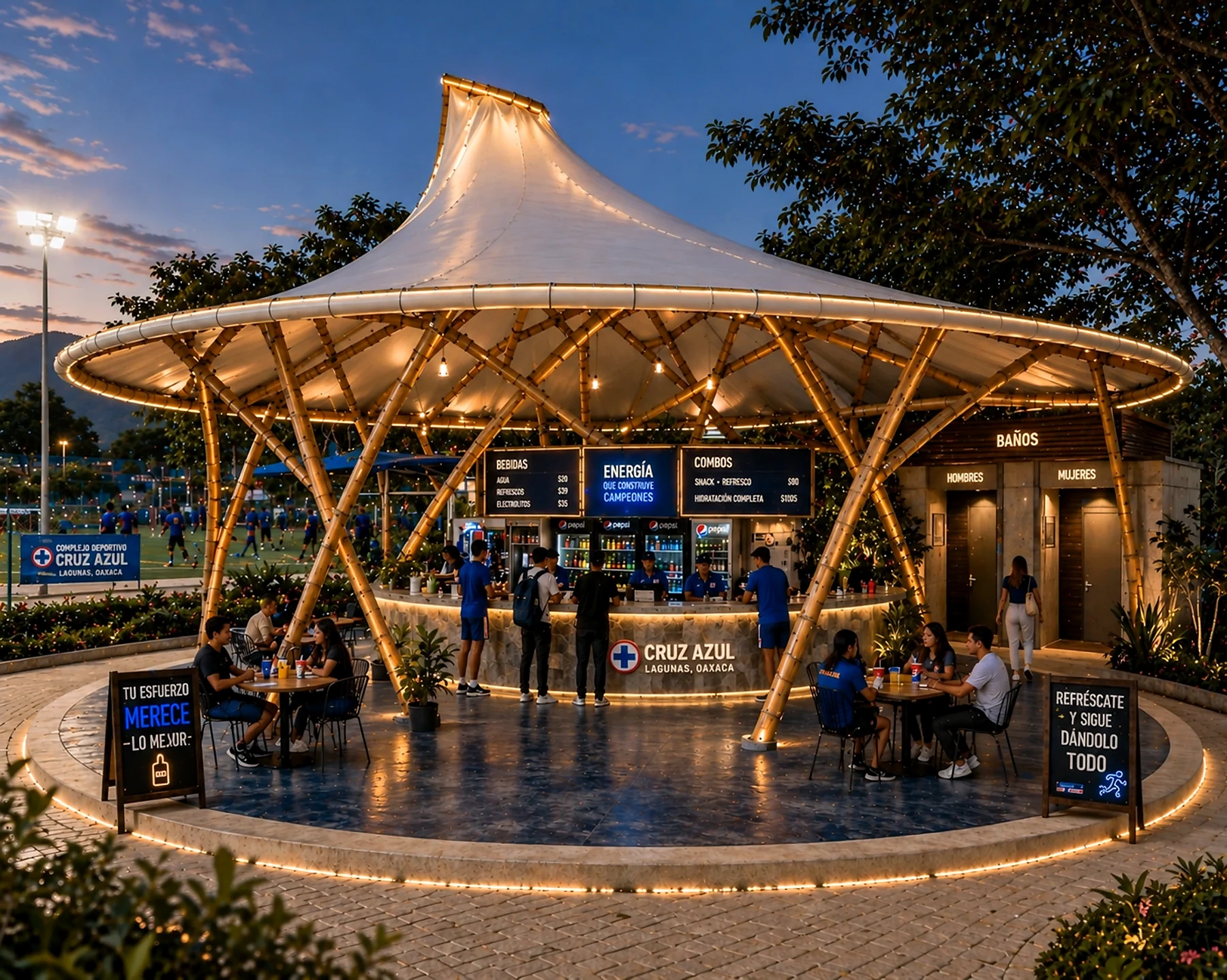 Visualización nocturna de un kiosco comercial con columnas de bambú y cubierta de membrana blanca, propuesta para Cruz Azul en Lagunas