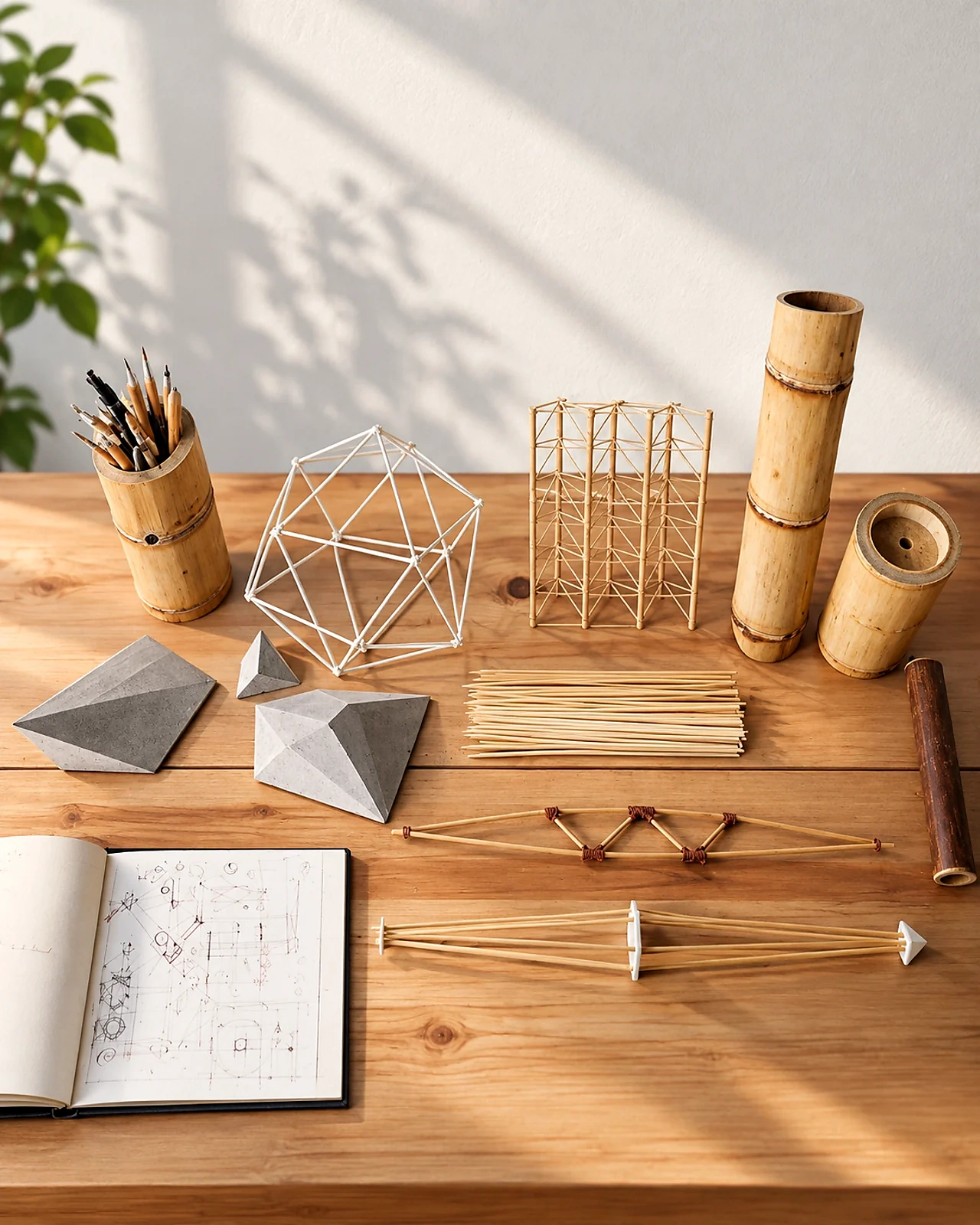 Maquetas arquitectónicas y muestras de bambú sobre la mesa de trabajo de Vernáculo