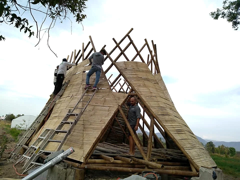Refugio · Montaje de una estructura triangular de bambú.